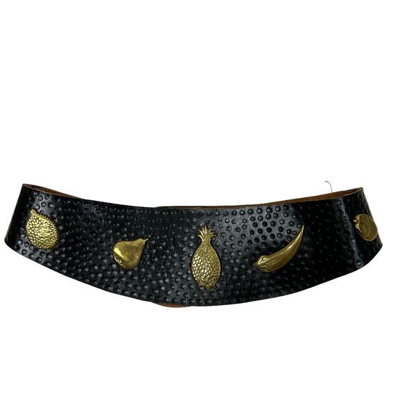 Vintage Rare 70s Black Leather Brass Fruit Applique Waist Belt M main image 5